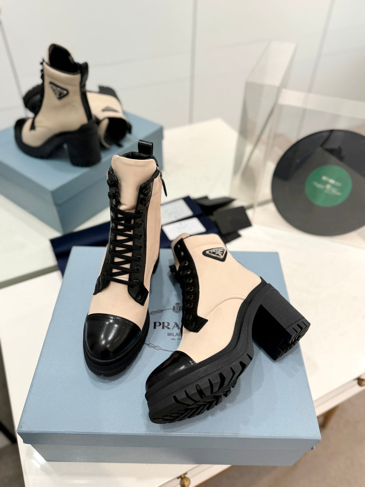 PRADA BRUSHED LEATHER AND RE-NYLON LACED BOOTIES PASTEL PINK