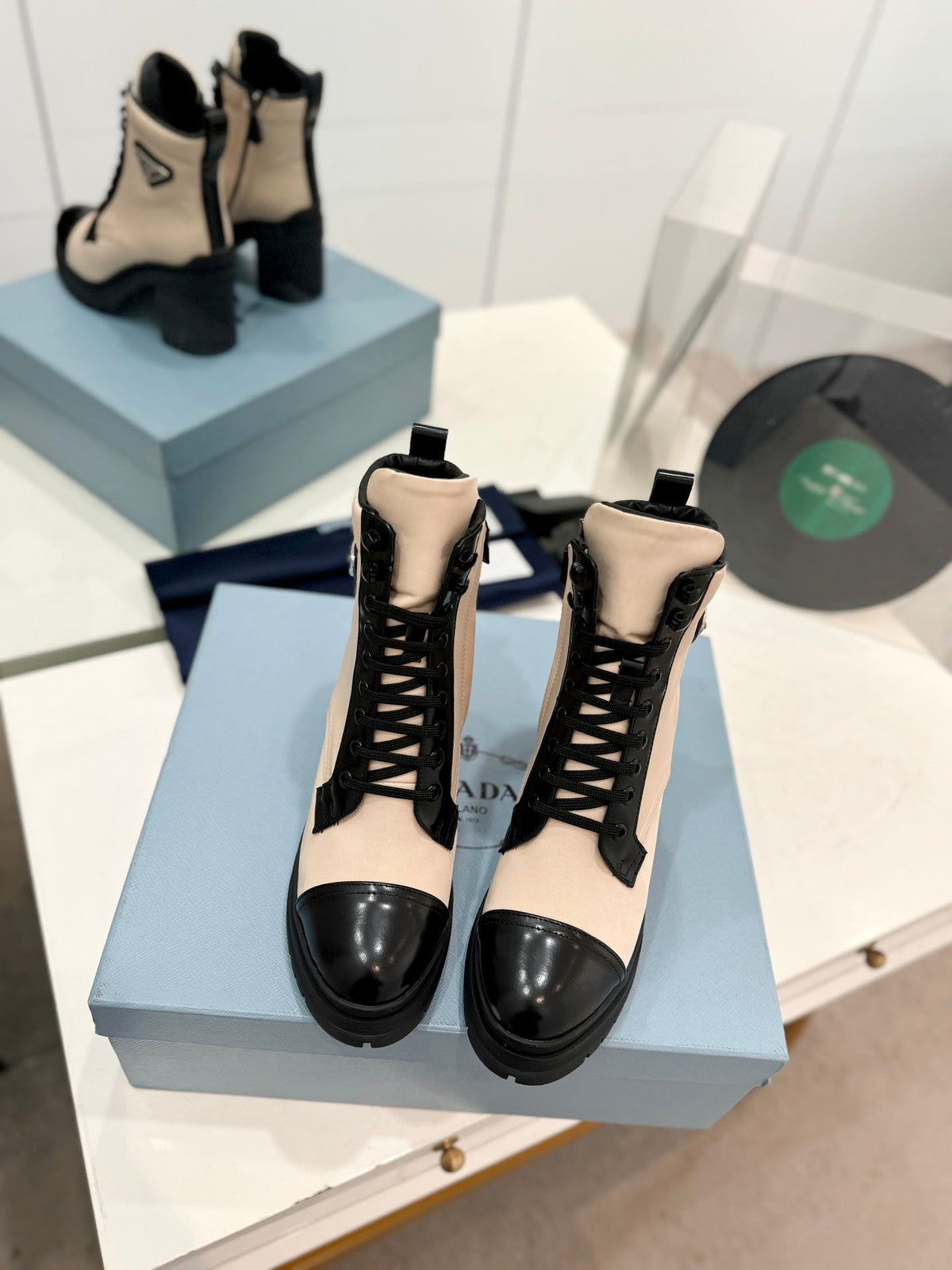 PRADA BRUSHED LEATHER AND RE-NYLON LACED BOOTIES PASTEL PINK
