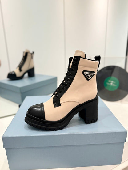 PRADA BRUSHED LEATHER AND RE-NYLON LACED BOOTIES PASTEL PINK