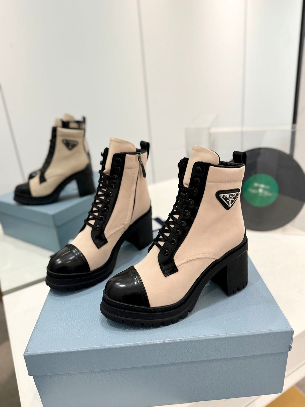 PRADA BRUSHED LEATHER AND RE-NYLON LACED BOOTIES PASTEL PINK