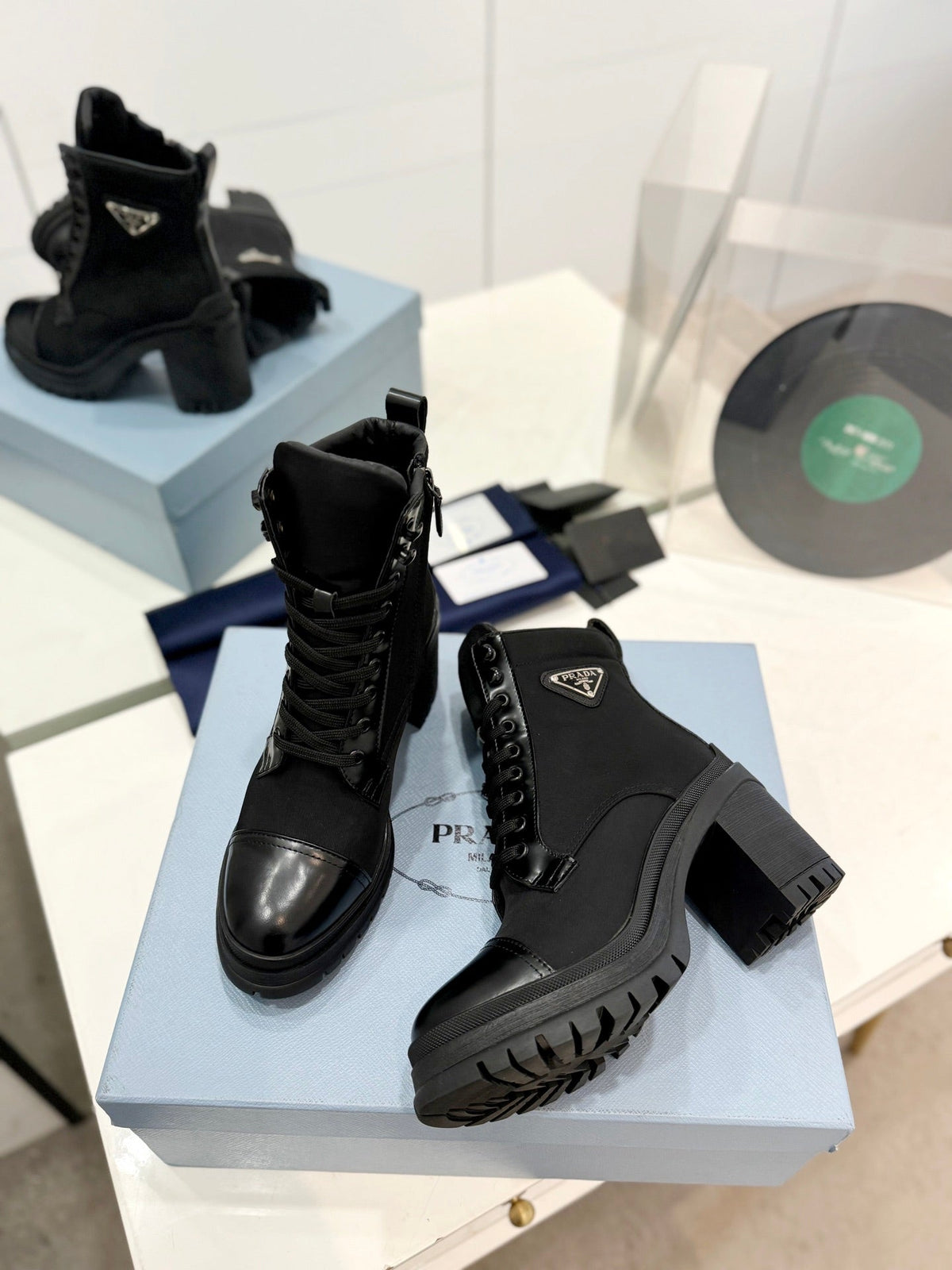PRADA BRUSHED LEATHER AND RE-NYLON LACED BOOTIES BLACK
