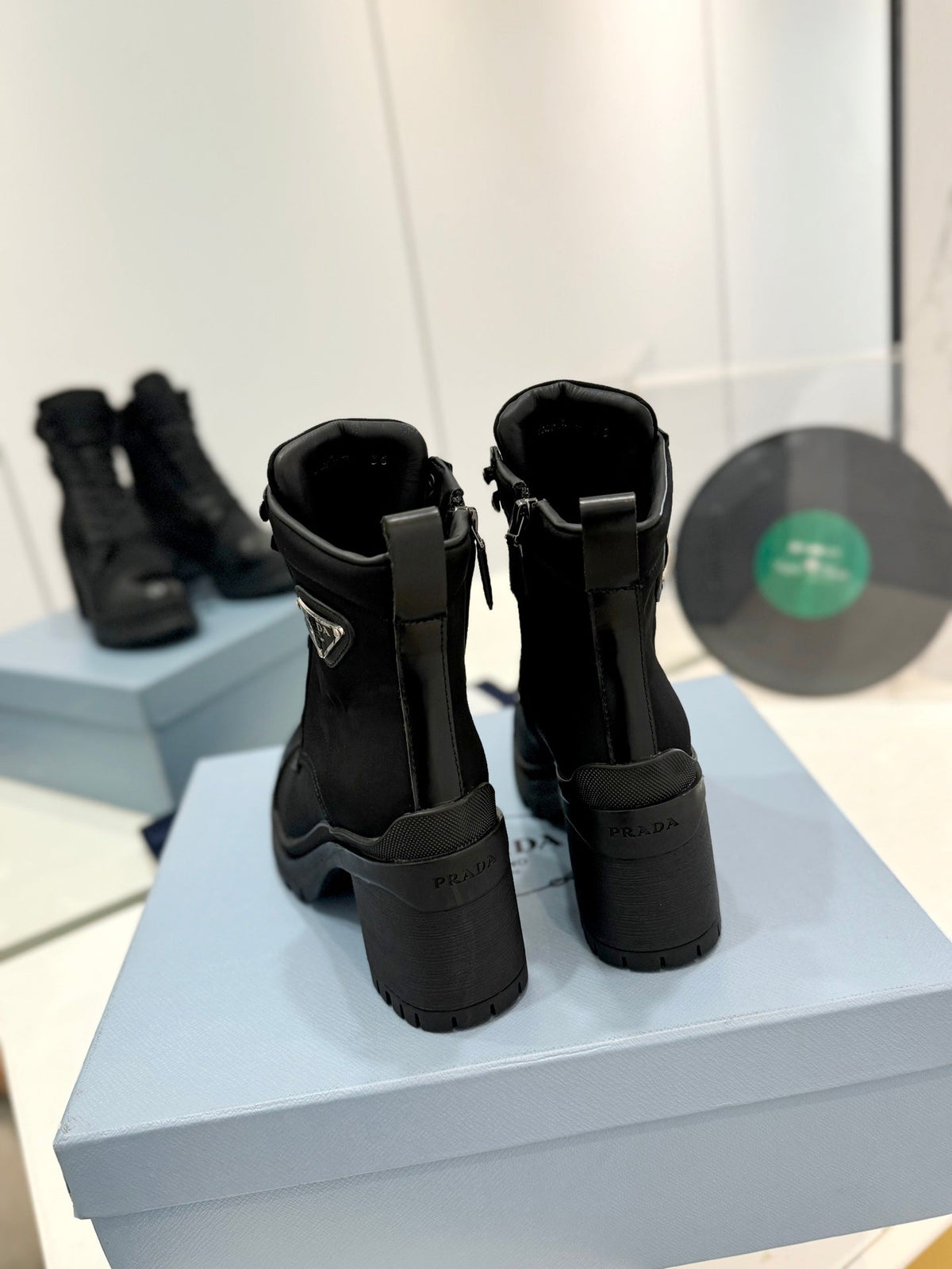 PRADA BRUSHED LEATHER AND RE-NYLON LACED BOOTIES BLACK