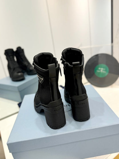 PRADA BRUSHED LEATHER AND RE-NYLON LACED BOOTIES BLACK