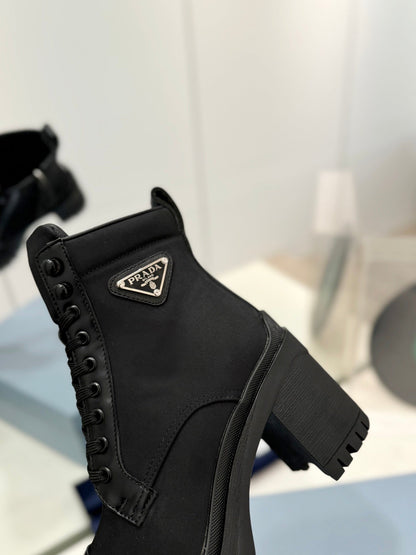PRADA BRUSHED LEATHER AND RE-NYLON LACED BOOTIES BLACK
