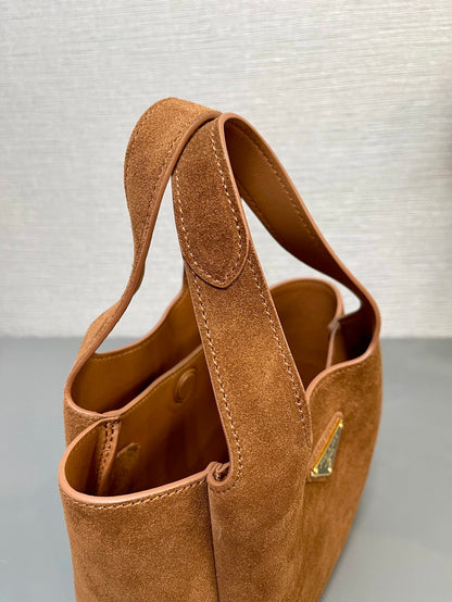 PRADA MINI TOTE BAG 18 IN RED BROWN SUEDE GOLD LOGO