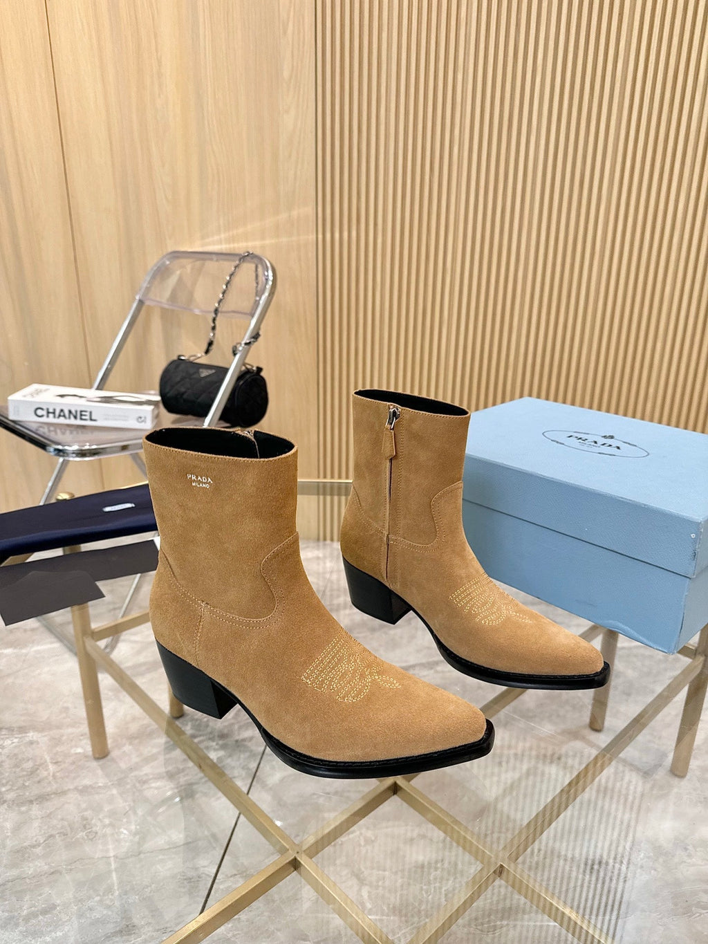 PRADA ANKLE BOOTS IN TAN BROWN SUEDE
