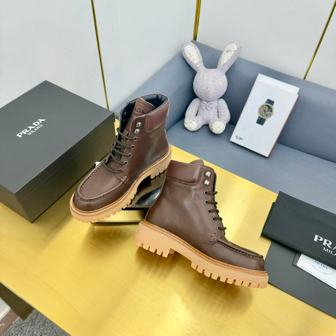 PRADA LACE-UP ANKLE BOOTS IN CHOCOLATE BROWN CALFSKIN