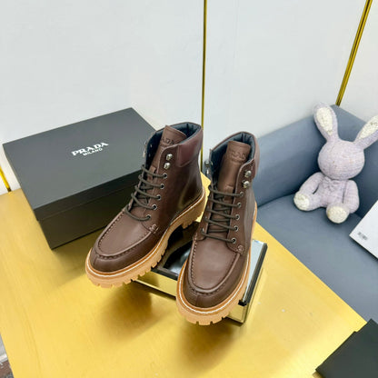 PRADA LACE-UP ANKLE BOOTS IN CHOCOLATE BROWN CALFSKIN