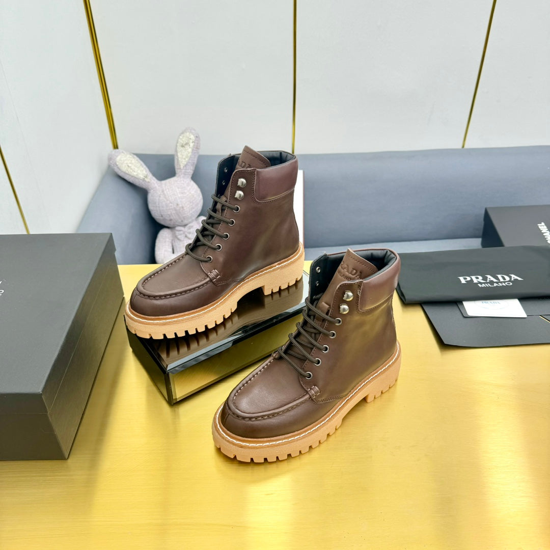 PRADA LACE-UP ANKLE BOOTS IN CHOCOLATE BROWN CALFSKIN