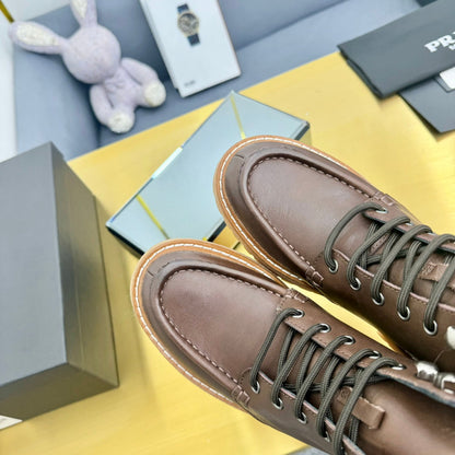 PRADA LACE-UP ANKLE BOOTS IN CHOCOLATE BROWN CALFSKIN