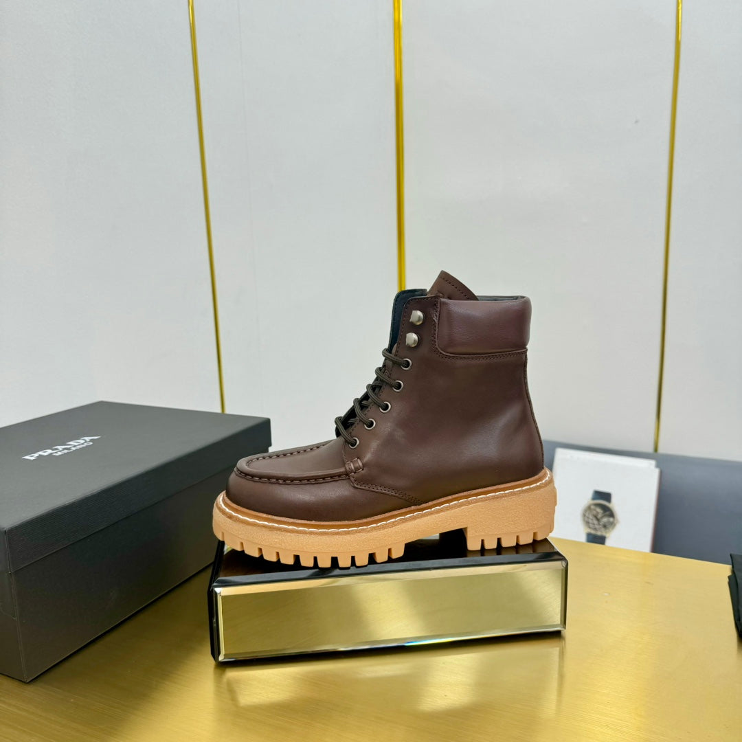 PRADA LACE-UP ANKLE BOOTS IN CHOCOLATE BROWN CALFSKIN