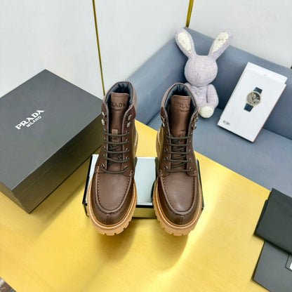PRADA LACE-UP ANKLE BOOTS IN CHOCOLATE BROWN CALFSKIN