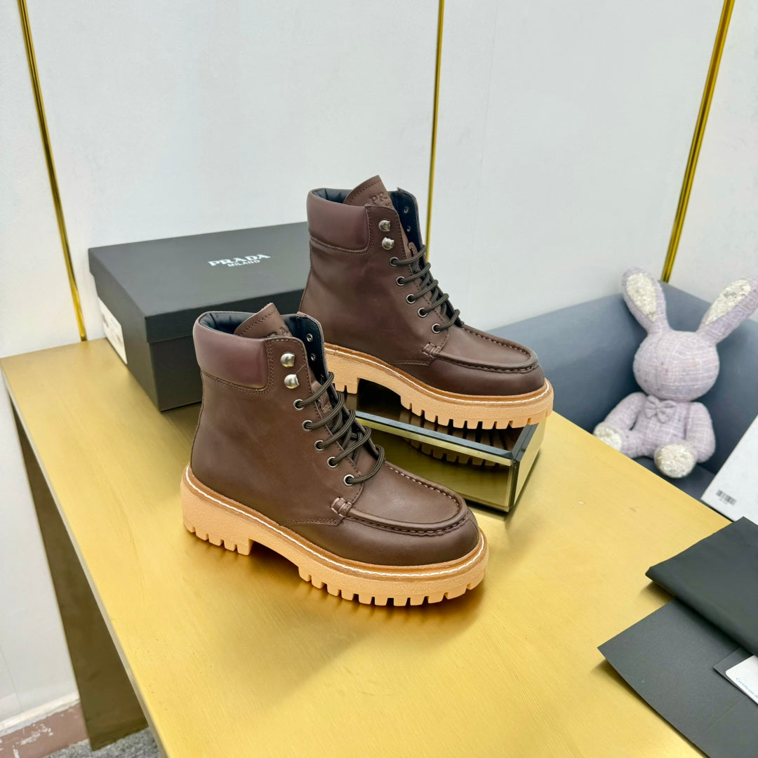 PRADA LACE-UP ANKLE BOOTS IN CHOCOLATE BROWN CALFSKIN