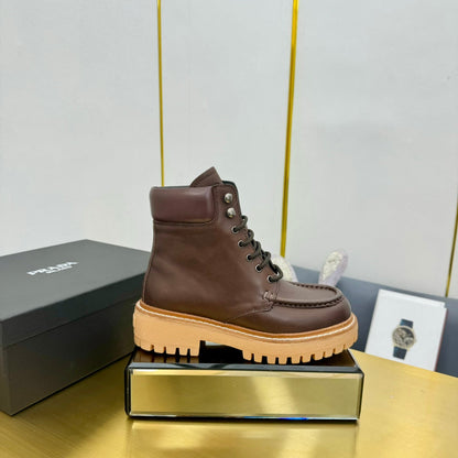 PRADA LACE-UP ANKLE BOOTS IN CHOCOLATE BROWN CALFSKIN