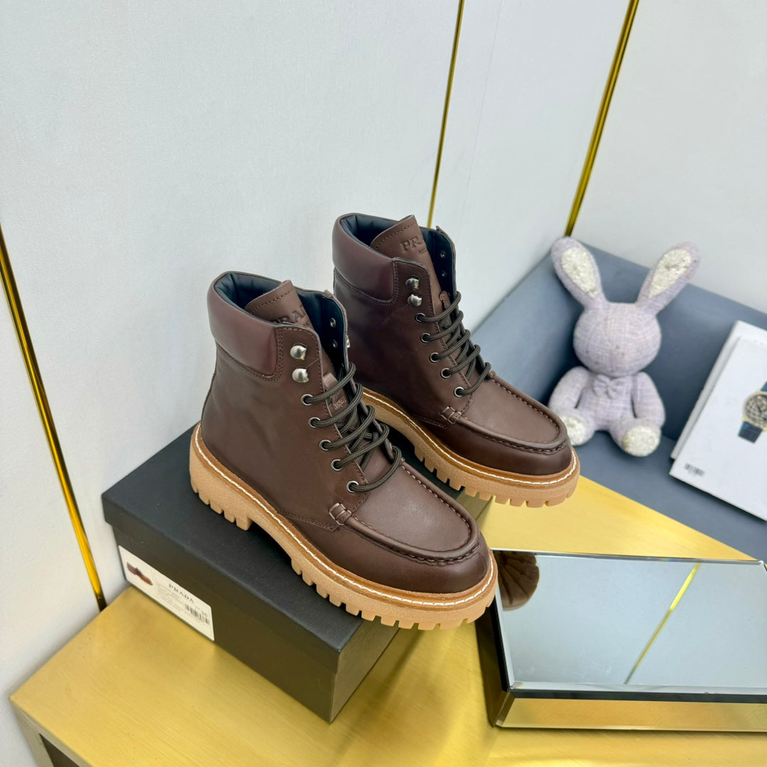 PRADA LACE-UP ANKLE BOOTS IN CHOCOLATE BROWN CALFSKIN