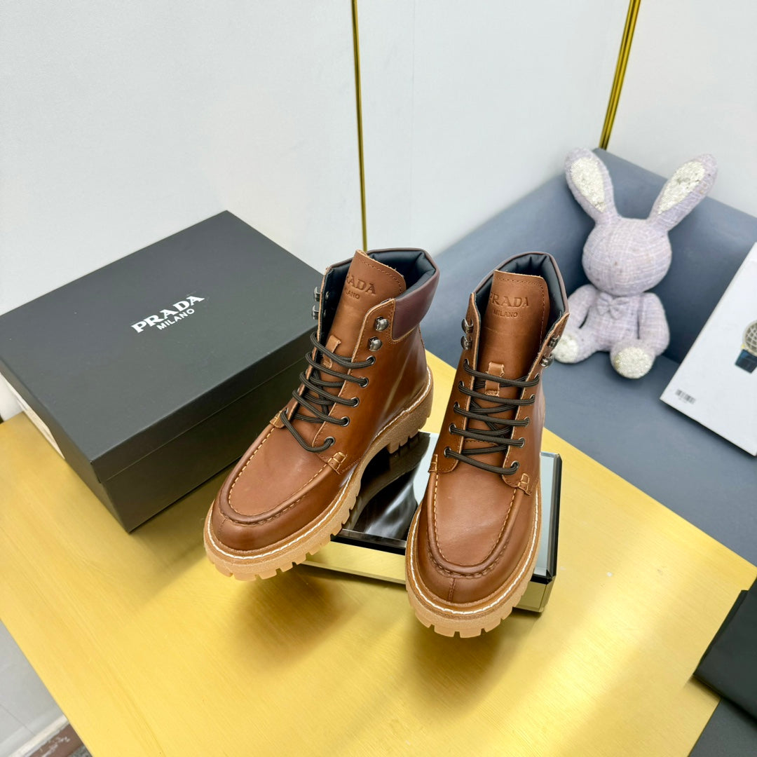 PRADA LACE-UP ANKLE BOOTS IN COGNAC CALFSKIN
