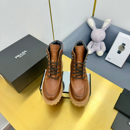 PRADA LACE-UP ANKLE BOOTS IN COGNAC CALFSKIN