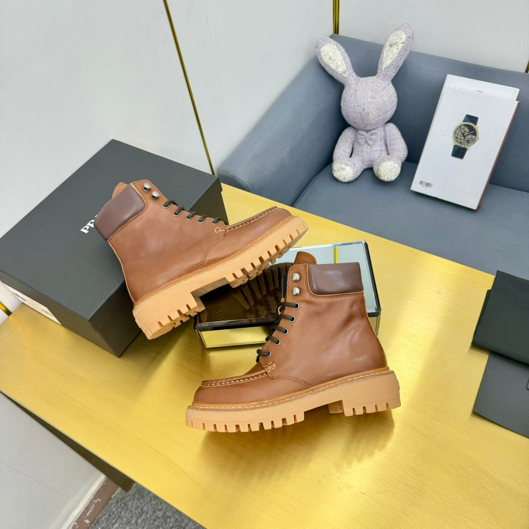 PRADA LACE-UP ANKLE BOOTS IN COGNAC CALFSKIN
