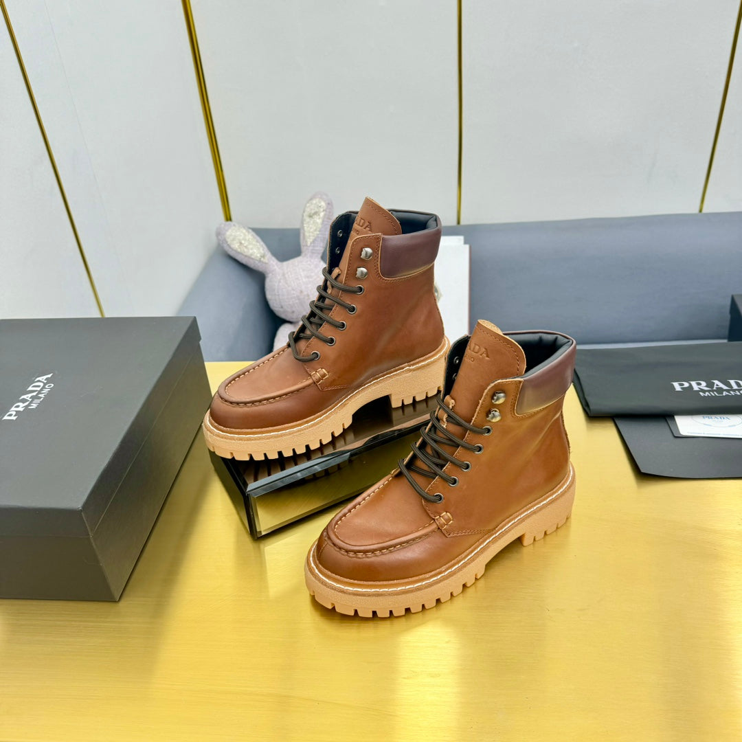 PRADA LACE-UP ANKLE BOOTS IN COGNAC CALFSKIN