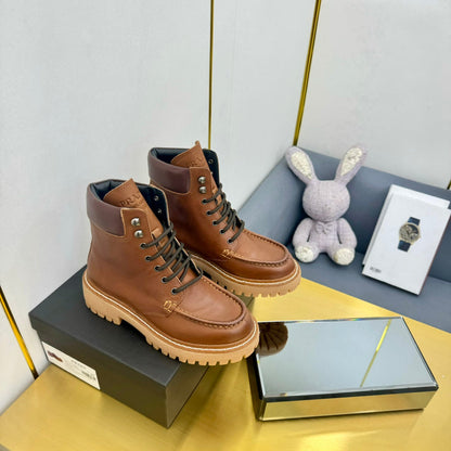 PRADA LACE-UP ANKLE BOOTS IN COGNAC CALFSKIN