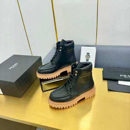 PRADA LACE-UP ANKLE BOOTS IN BLACK CALFSKIN