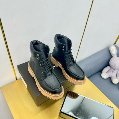 PRADA LACE-UP ANKLE BOOTS IN BLACK CALFSKIN