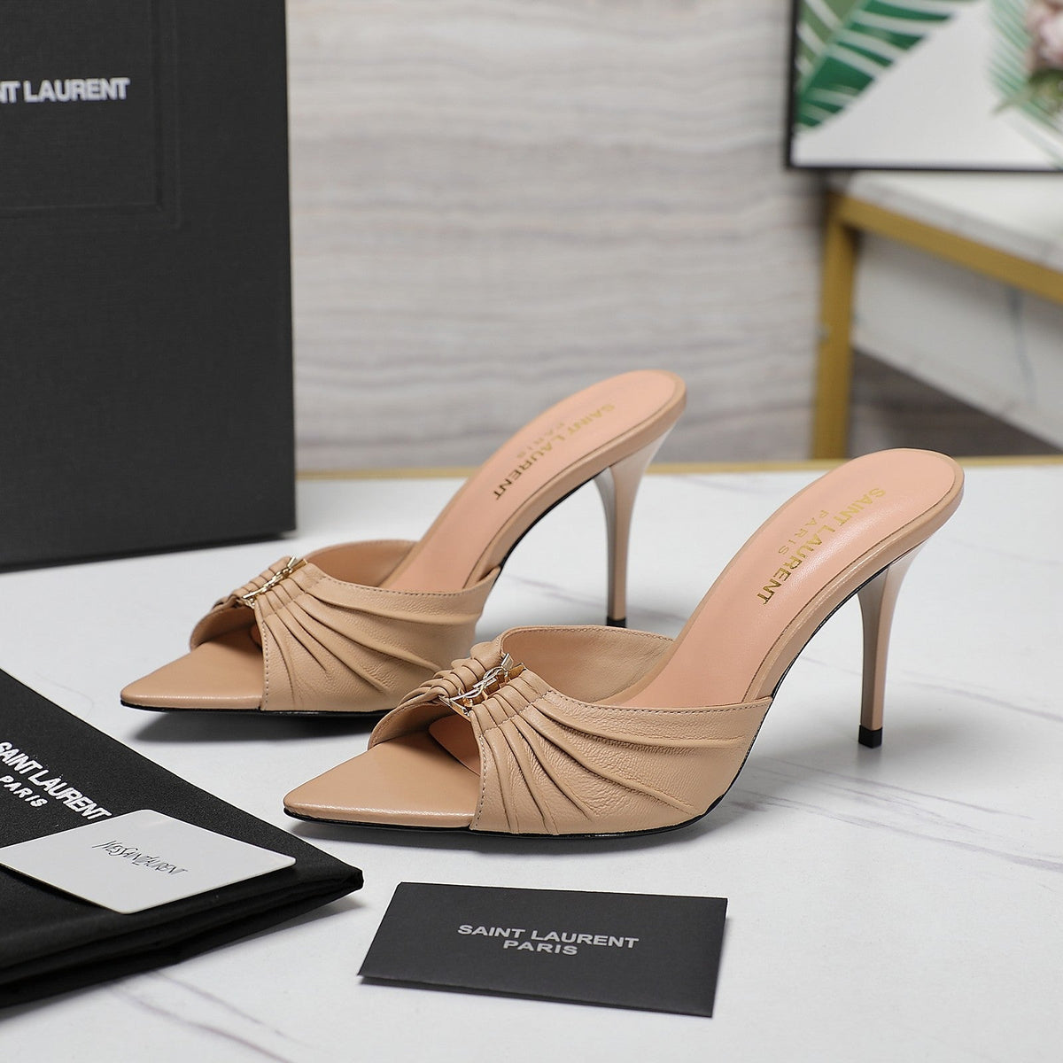 SL BABYLONE MULES 10 BISQUE SMOOTH CALFSKIN