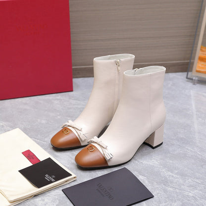 VALENTINO 25S VALET DU ROI ANKLE BOOTS 60 MM IN CREAM WHITE MIX BROWN CALFSKIN WITH BOW