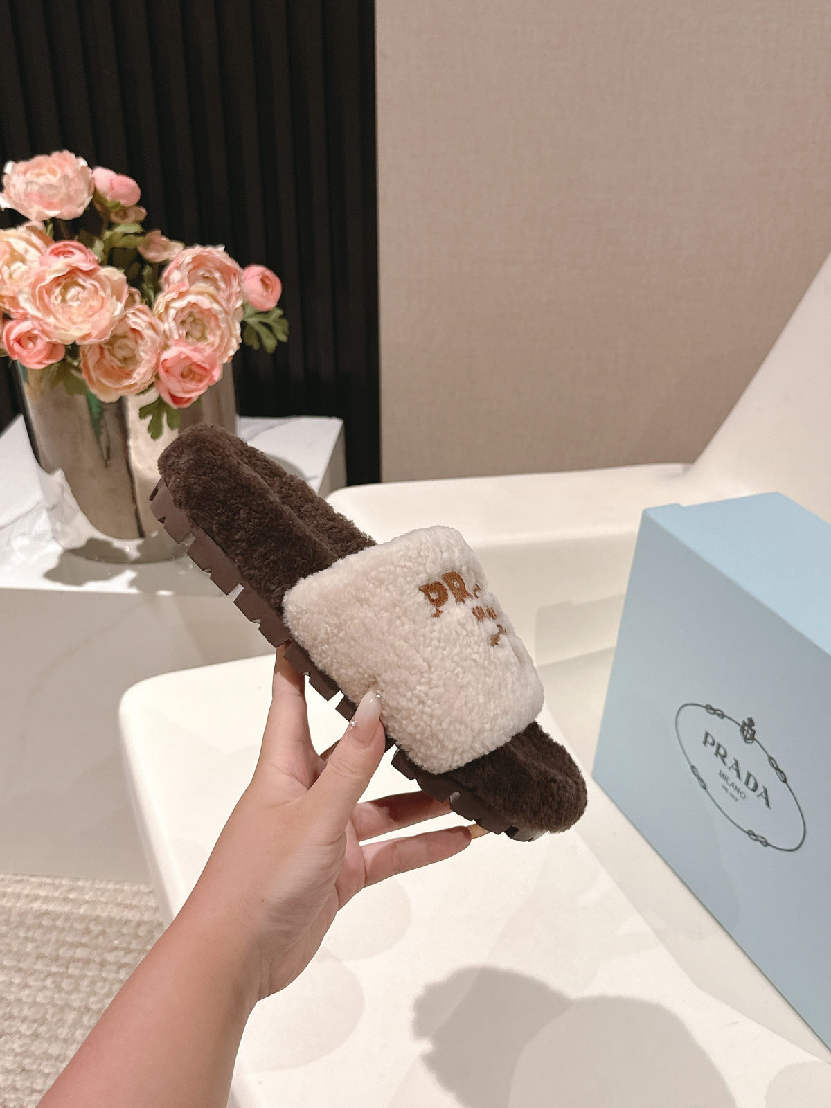PRADA 25S FLAT MULES IN WHITE AND RK BROWN RABBIT FUR