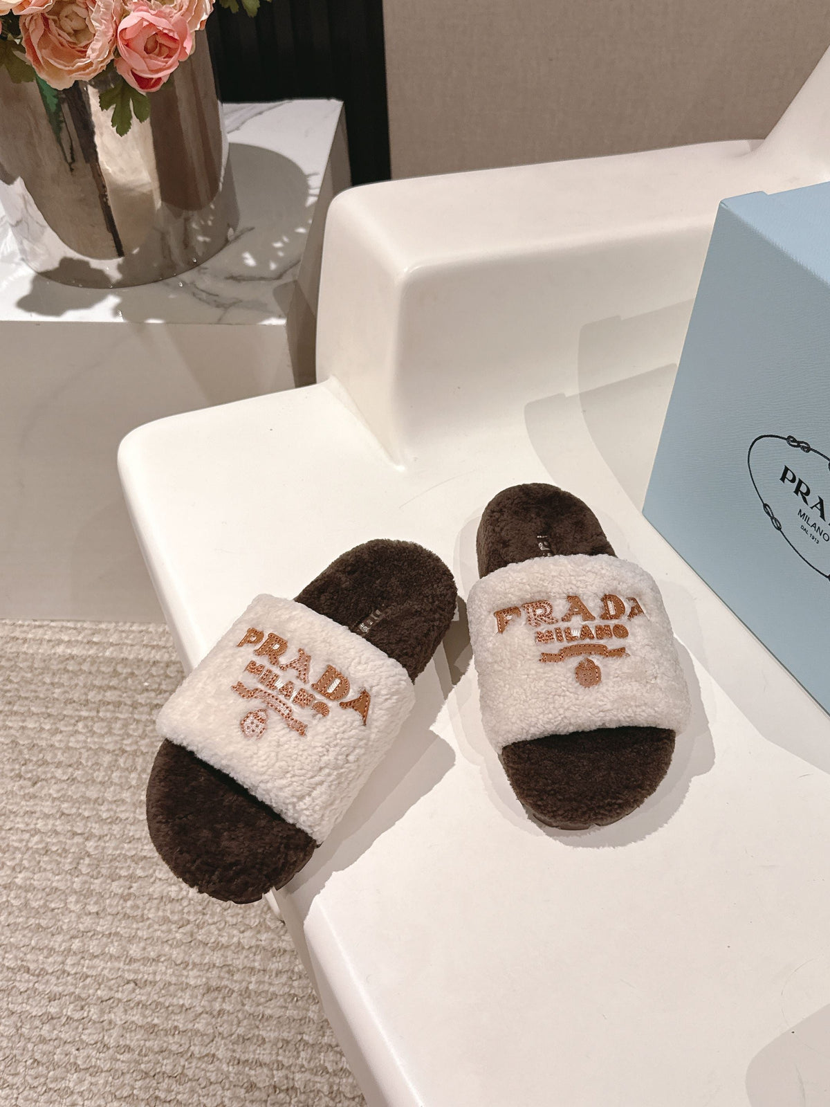 PRADA 25S FLAT MULES IN WHITE AND RK BROWN RABBIT FUR