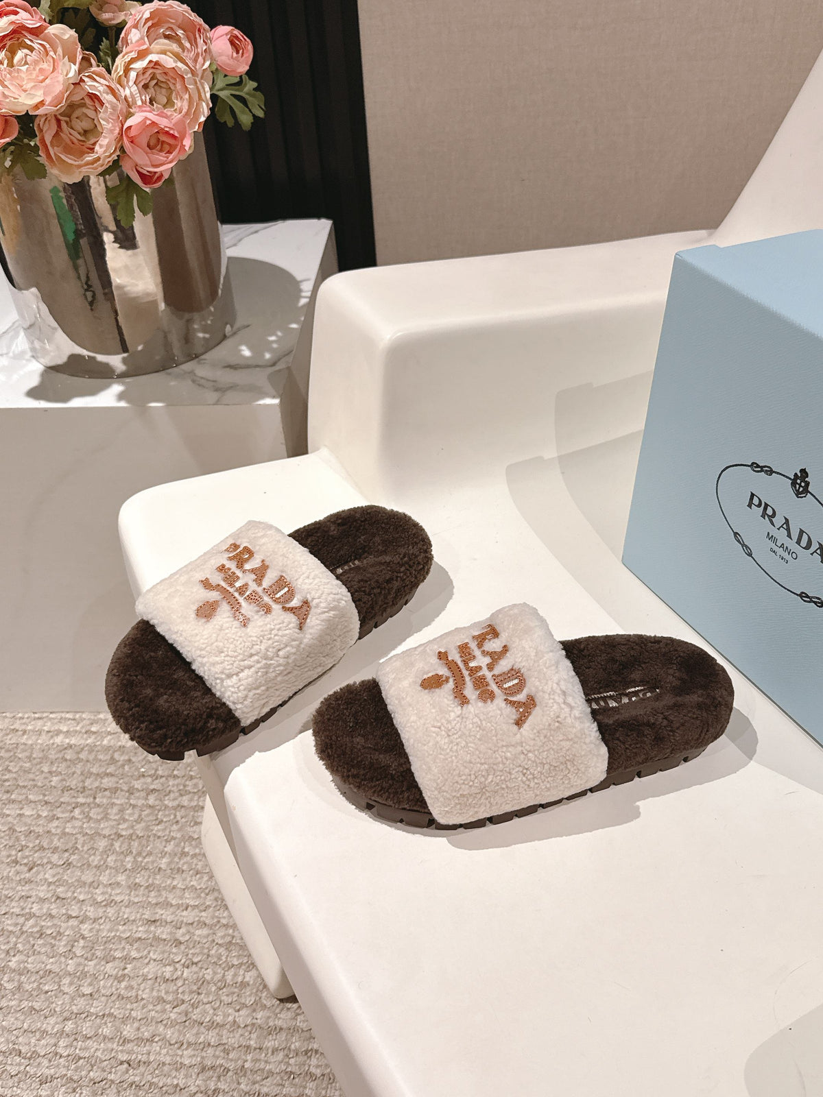 PRADA 25S FLAT MULES IN WHITE AND RK BROWN RABBIT FUR