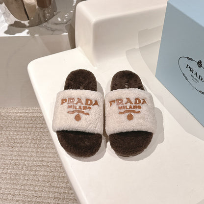 PRADA 25S FLAT MULES IN WHITE AND RK BROWN RABBIT FUR