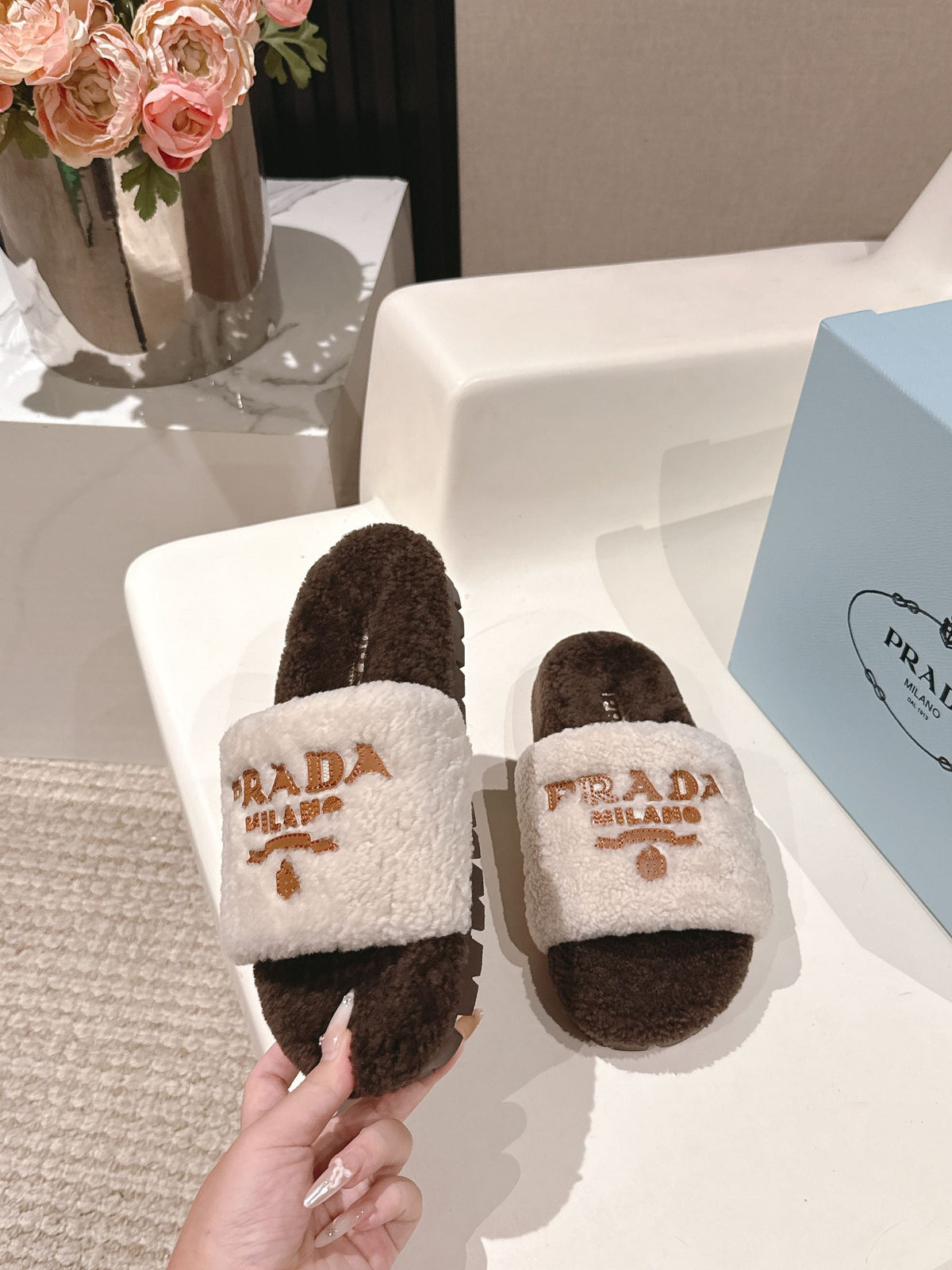 PRADA 25S FLAT MULES IN WHITE AND RK BROWN RABBIT FUR