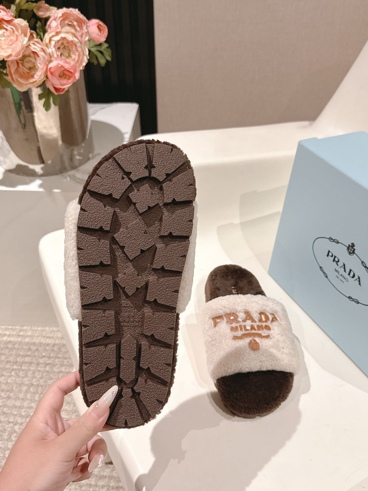 PRADA 25S FLAT MULES IN WHITE AND RK BROWN RABBIT FUR