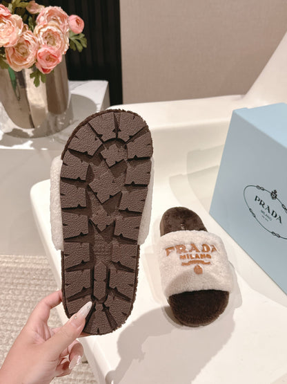 PRADA 25S FLAT MULES IN WHITE AND RK BROWN RABBIT FUR