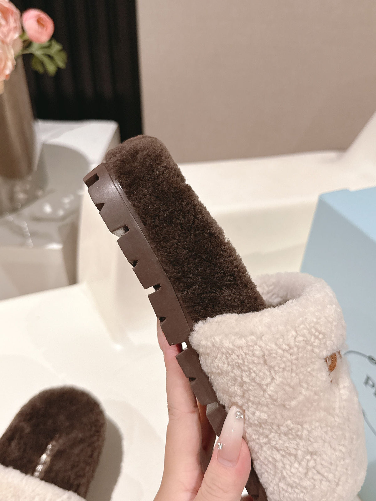 PRADA 25S FLAT MULES IN WHITE AND RK BROWN RABBIT FUR