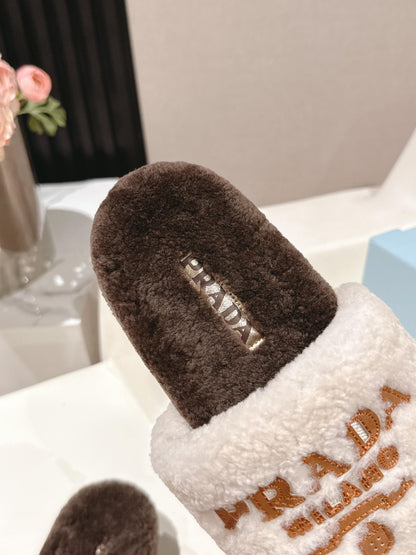 PRADA 25S FLAT MULES IN WHITE AND RK BROWN RABBIT FUR