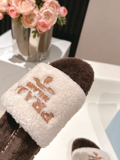PRADA 25S FLAT MULES IN WHITE AND RK BROWN RABBIT FUR