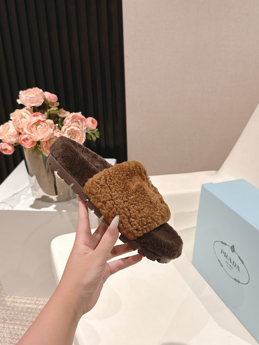 PRADA 25S FLAT MULES IN RK BROWN RABBIT FUR