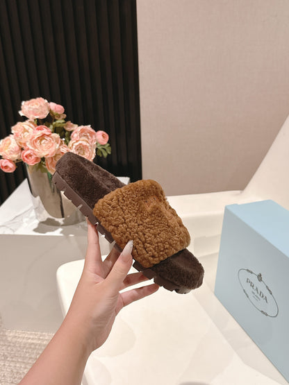 PRADA 25S FLAT MULES IN RK BROWN RABBIT FUR