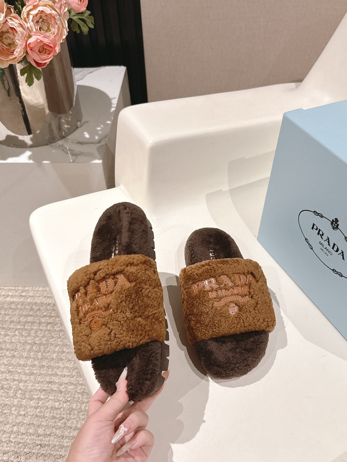 PRADA 25S FLAT MULES IN RK BROWN RABBIT FUR