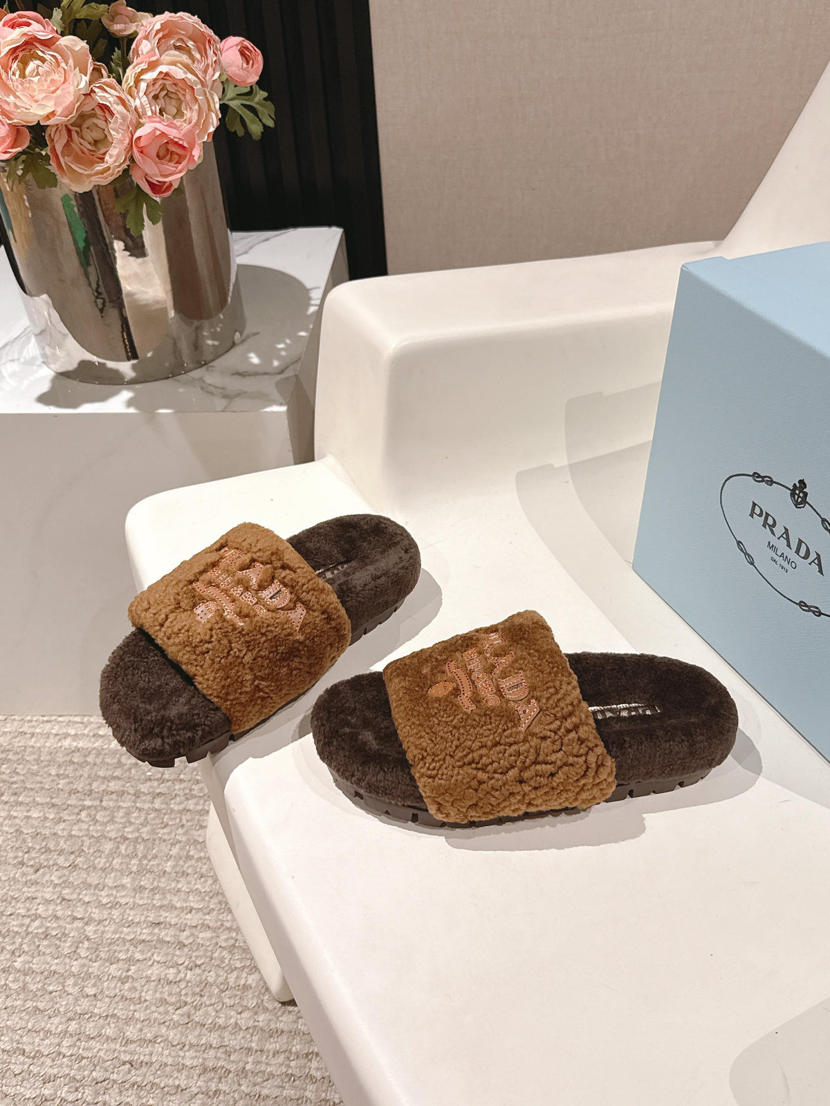 PRADA 25S FLAT MULES IN RK BROWN RABBIT FUR