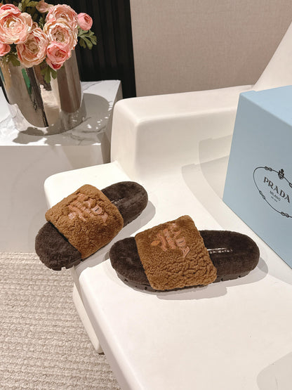 PRADA 25S FLAT MULES IN RK BROWN RABBIT FUR