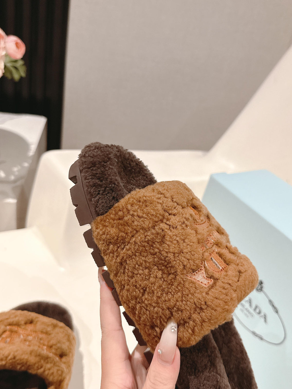 PRADA 25S FLAT MULES IN RK BROWN RABBIT FUR