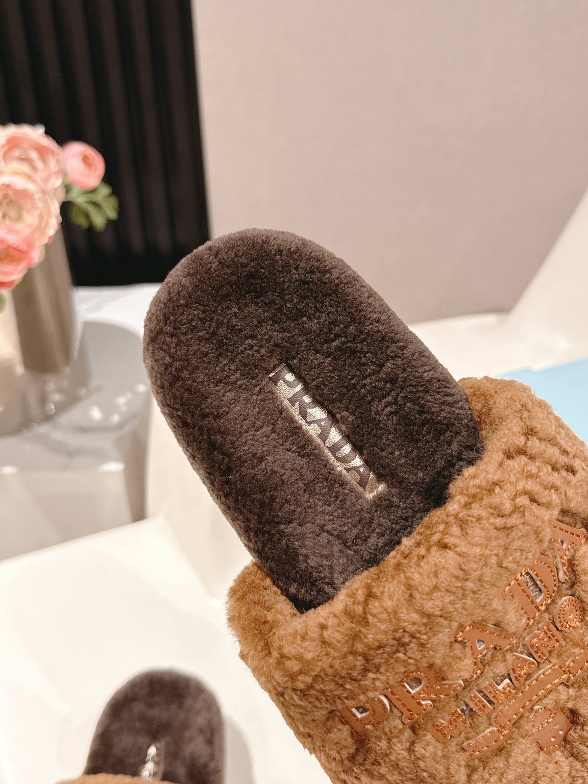 PRADA 25S FLAT MULES IN RK BROWN RABBIT FUR