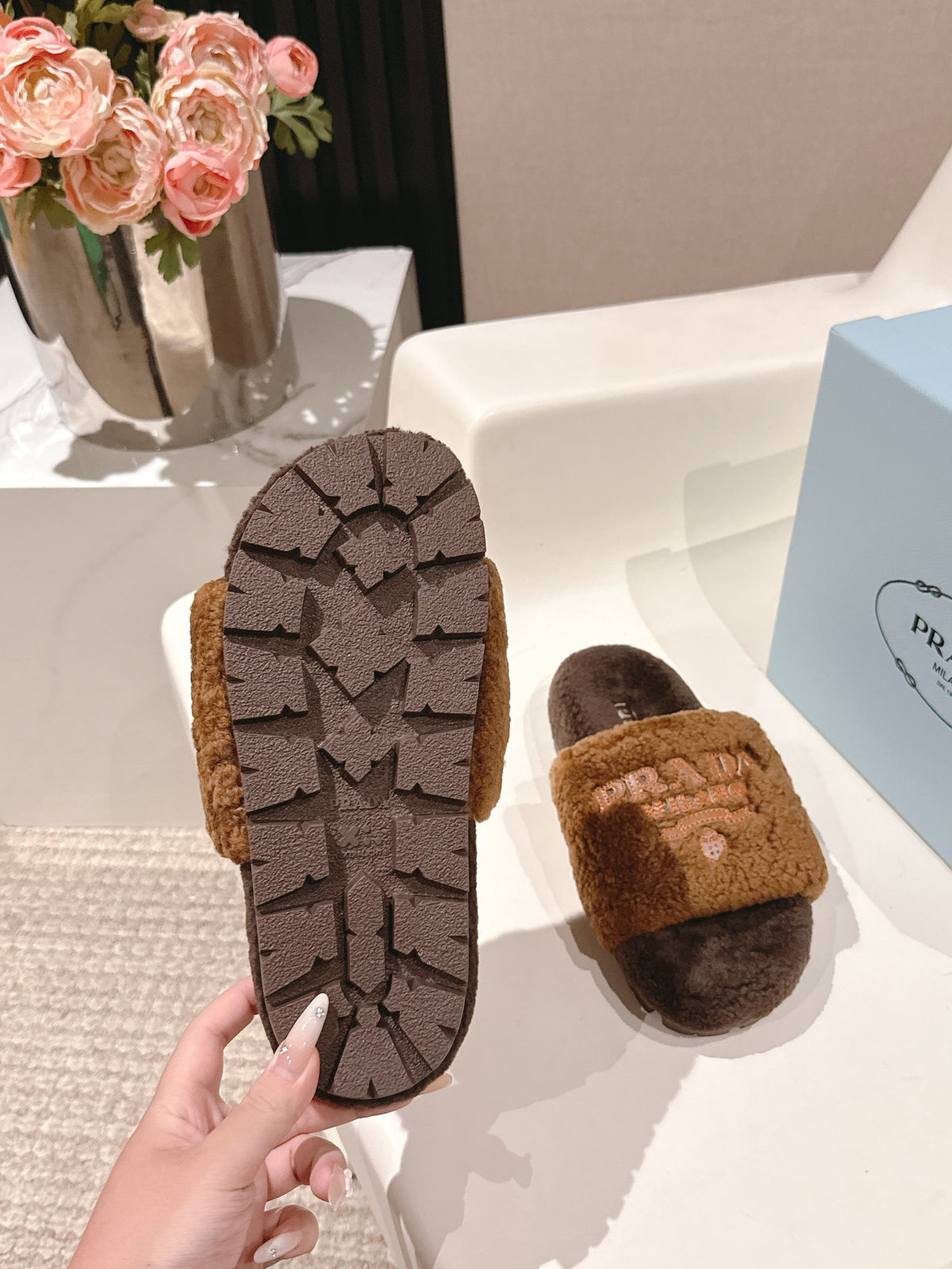 PRADA 25S FLAT MULES IN RK BROWN RABBIT FUR