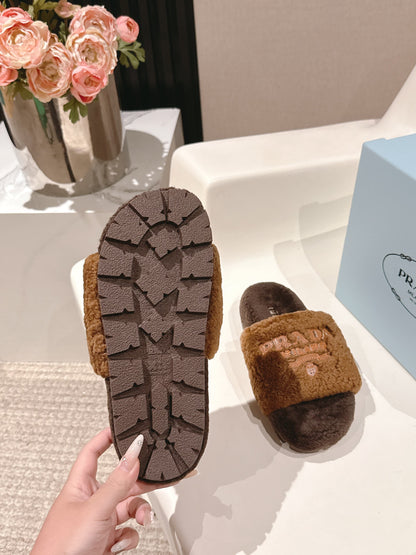 PRADA 25S FLAT MULES IN RK BROWN RABBIT FUR