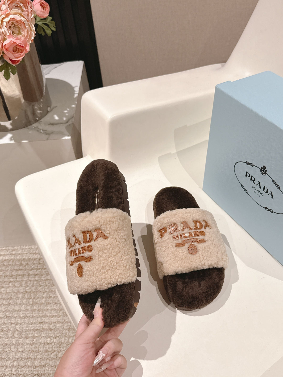 PRADA 25S FLAT MULES IN CREAM AND RK BROWN RABBIT FUR