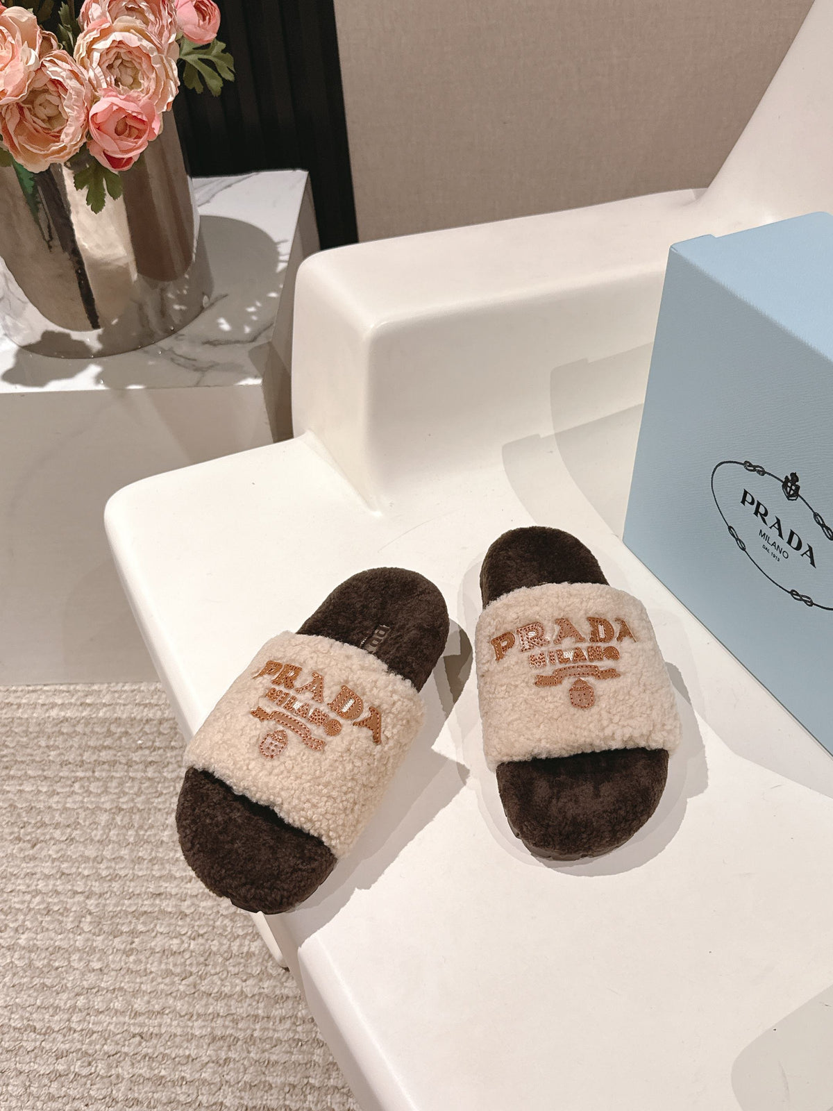 PRADA 25S FLAT MULES IN CREAM AND RK BROWN RABBIT FUR