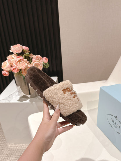 PRADA 25S FLAT MULES IN CREAM AND RK BROWN RABBIT FUR